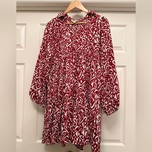 Umgee Deep Red and White Oversized Midi Dress Small Collared